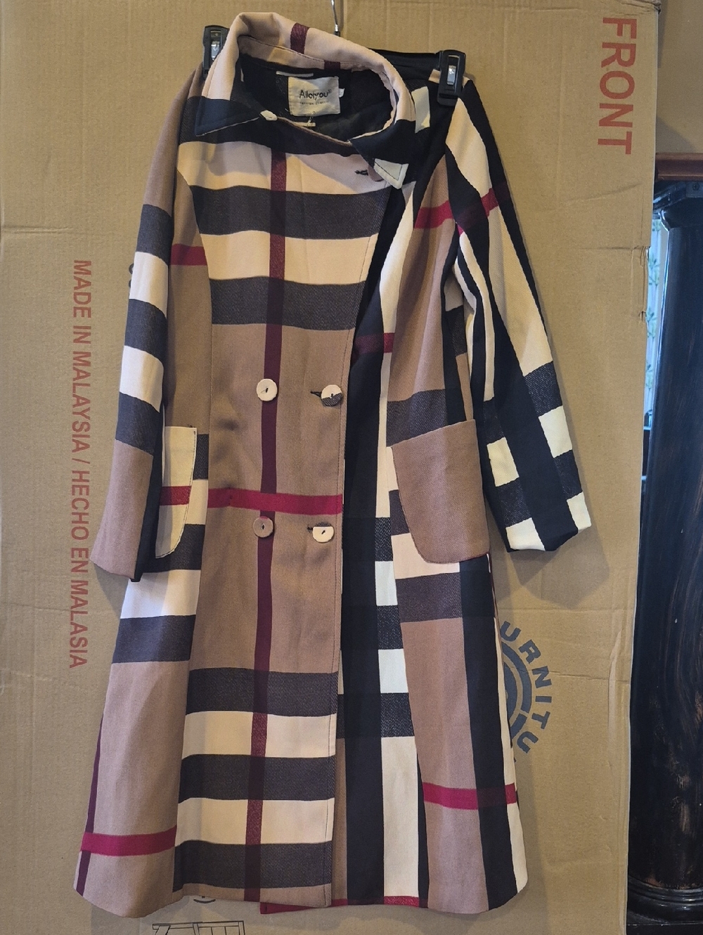 Checked Long Wool-Blend Coat in Tan, Black & Cream